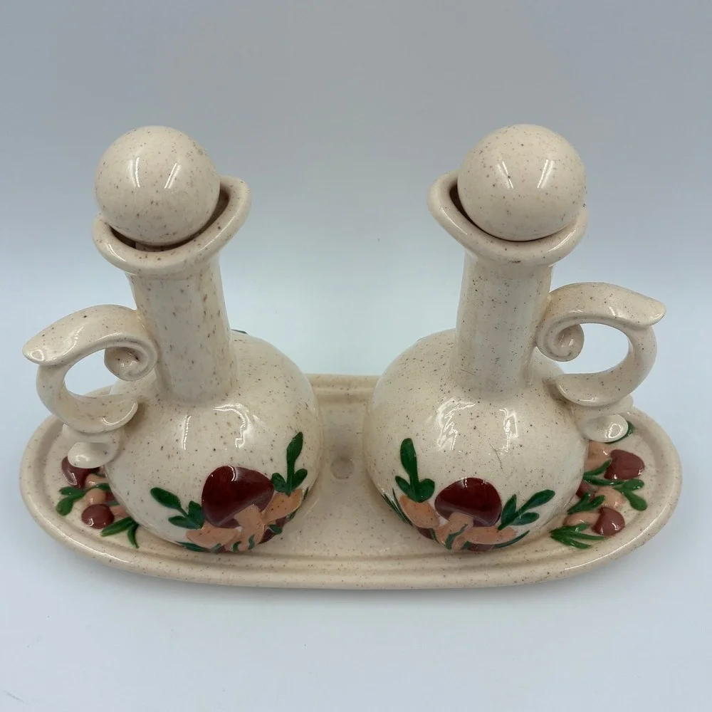 Vintage B Alexander 1981 Ceramic Mushroom Oil Vinegar Cruet Set with Tray 5pc